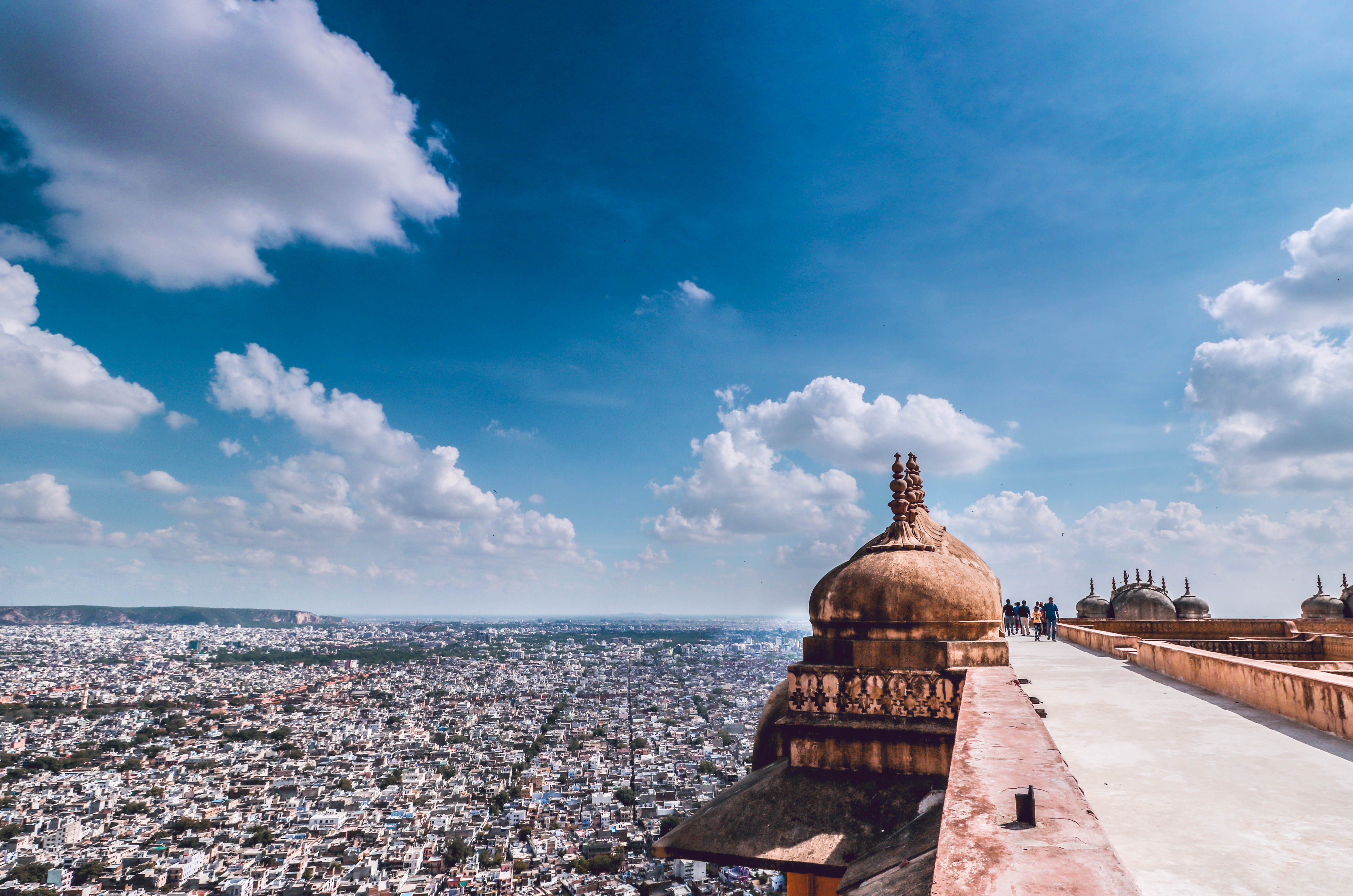 If you visit Nahargarh Fort in Jaipur, you will get breath taking view of the city. It's beutiful and mesmerizing. Here is Nahargarh Fort and the city of Jaipur under the blue sky.